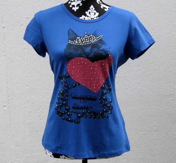 T-Shirt mit Motiv 'Katze mit Krone' + Strass-Steine, blau