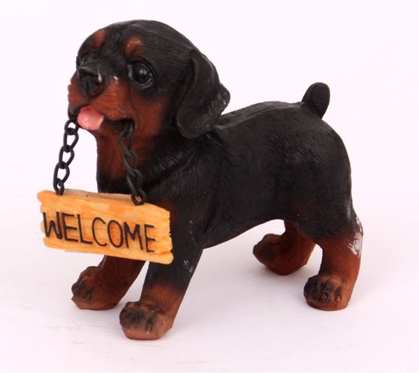 Dekofigur Hund 'Willkommen' mit Schild